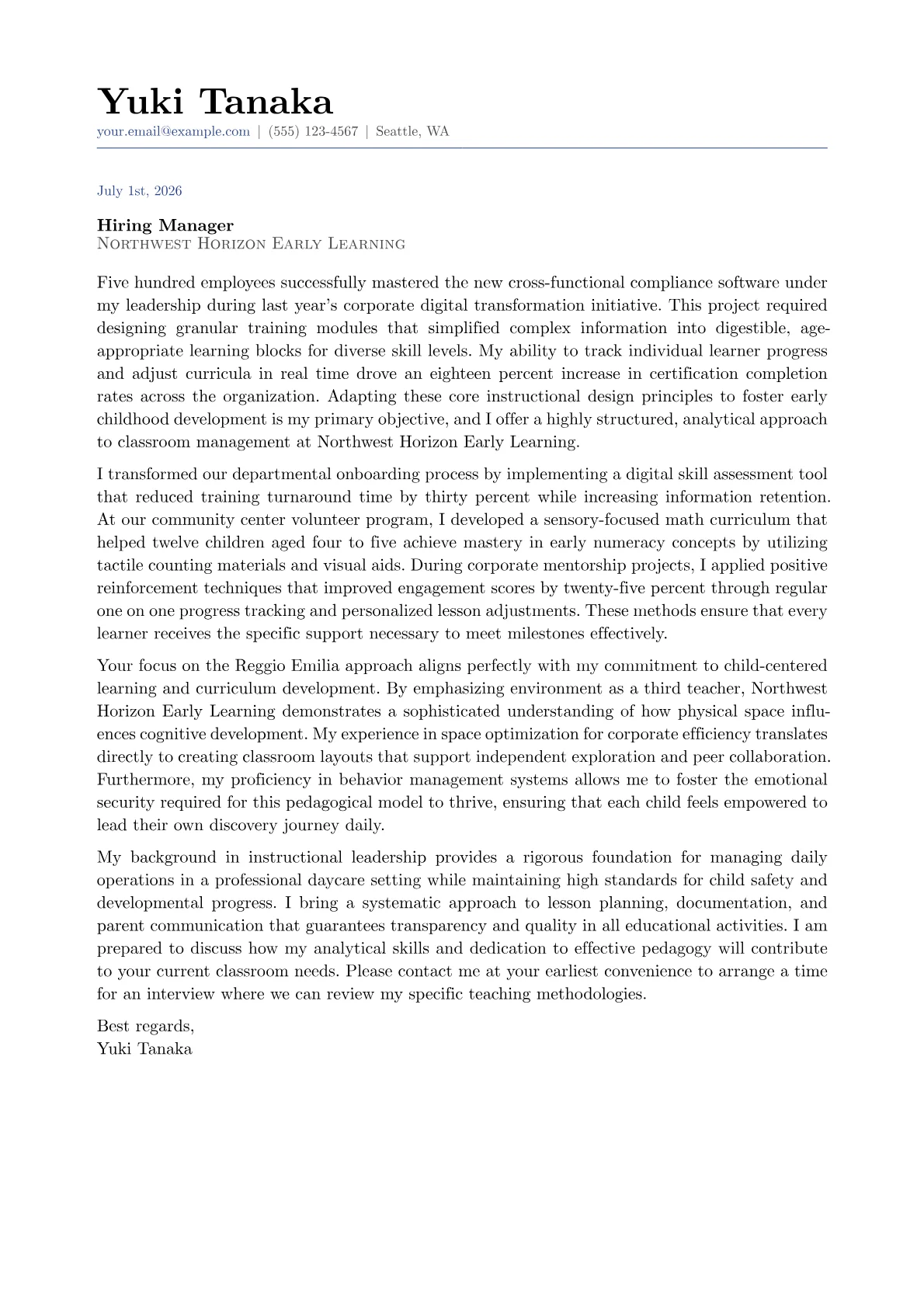 Daycare Teacher cover letter in the Classic design