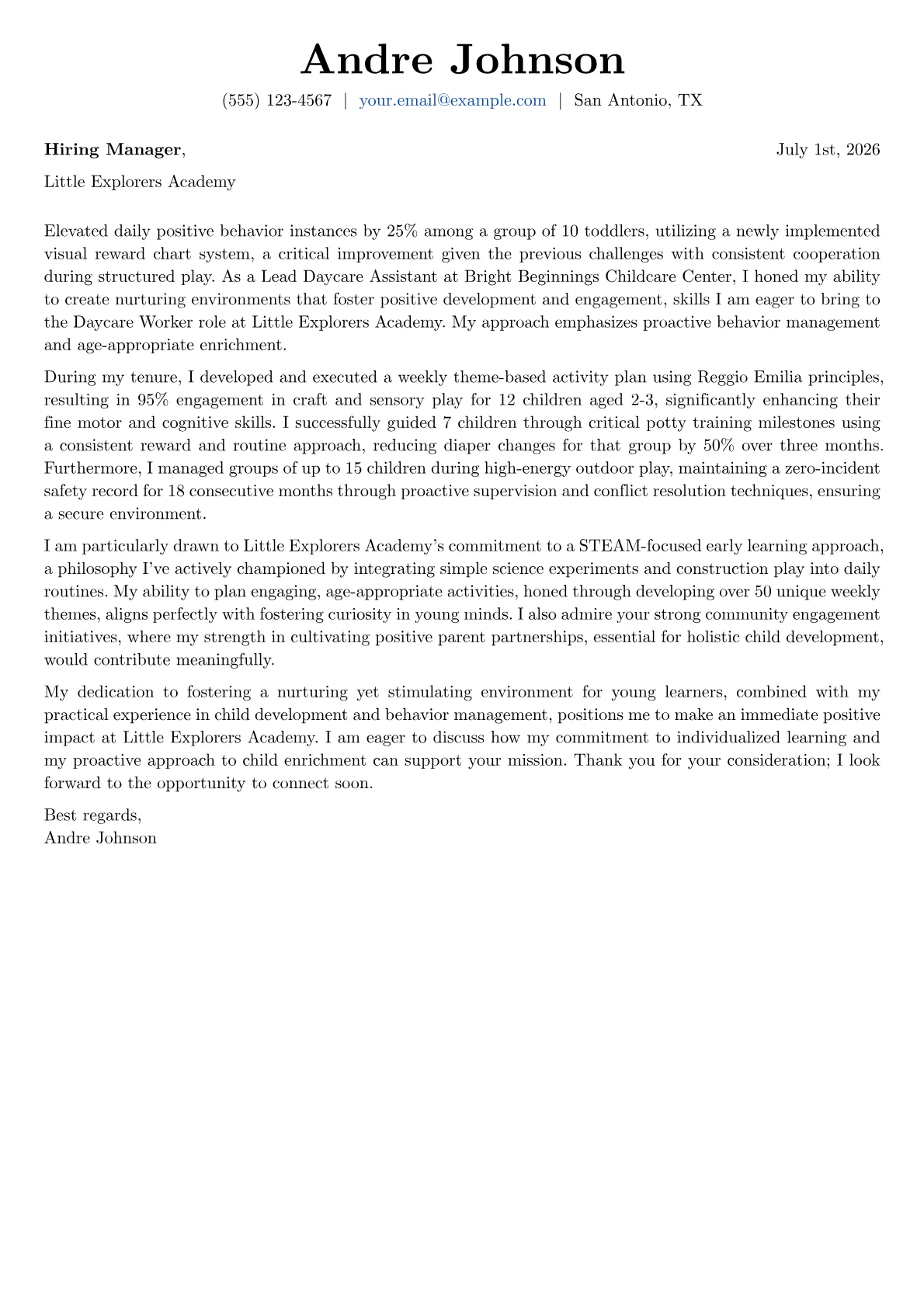 Daycare Worker cover letter formatted with a JobSprout template