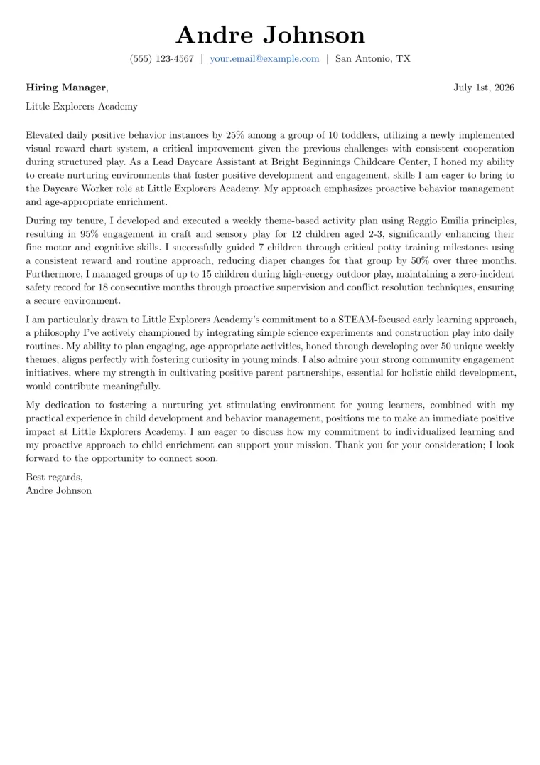 Daycare Worker Cover Letter Example