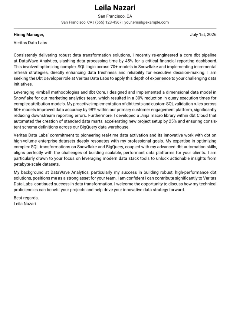 Dbt Developer cover letter example preview