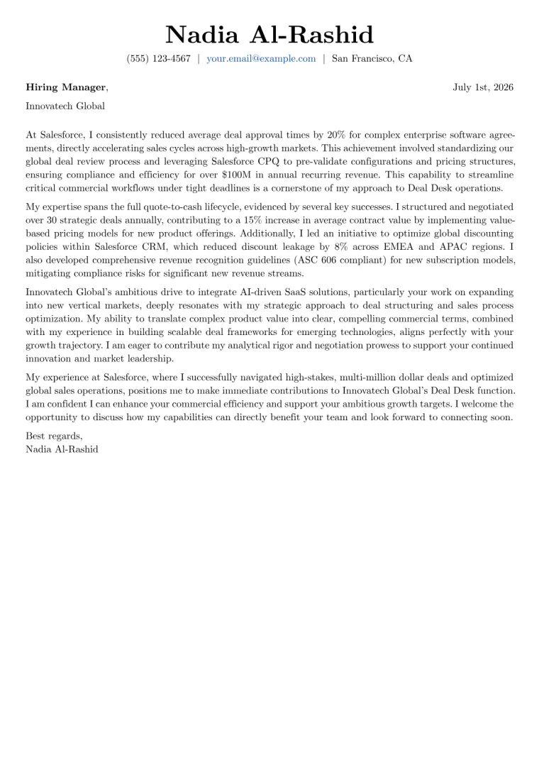 Deal Desk Analyst Cover Letter Example