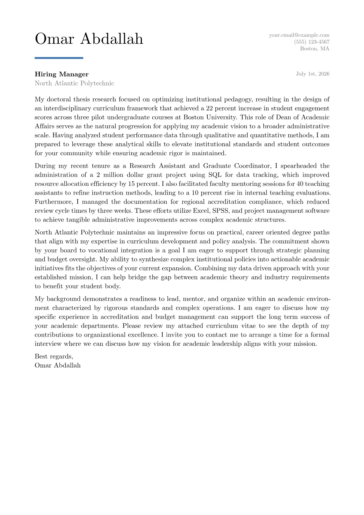 Dean of Academic Affairs cover letter in the Executive design