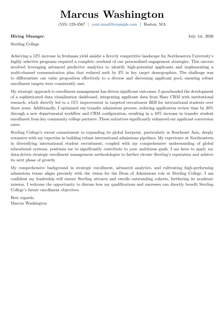Dean of Admissions cover letter example