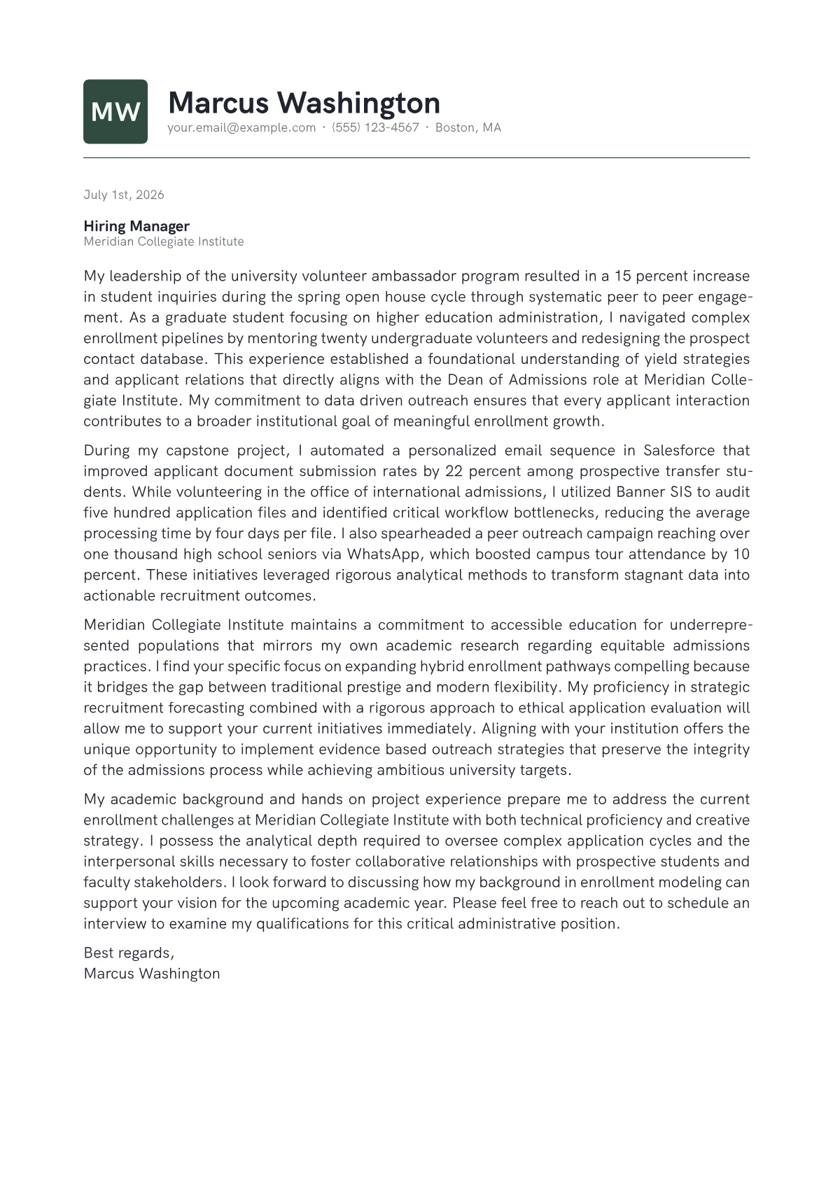 Dean of Admissions cover letter in the Emblem design