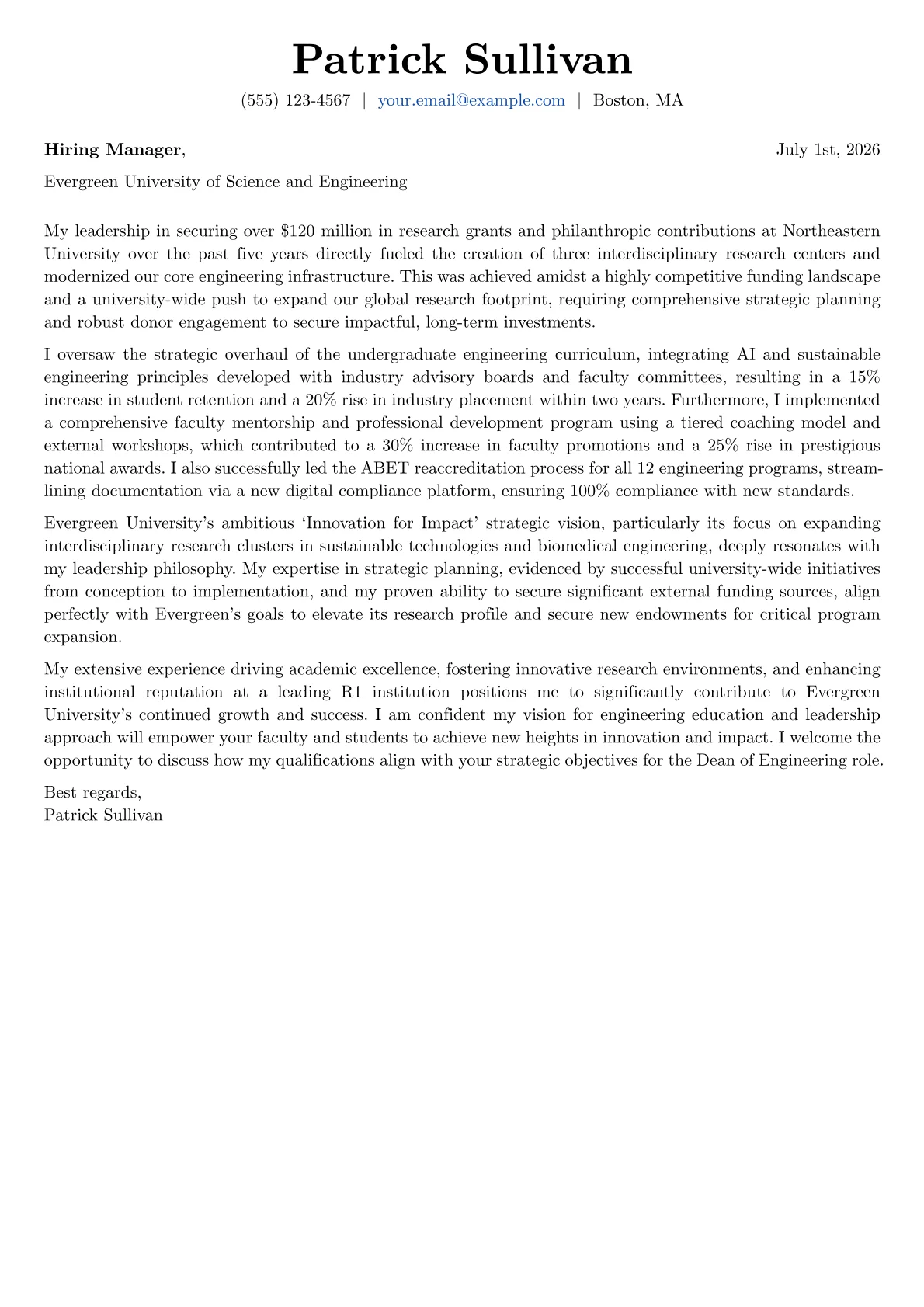 Dean of Engineering cover letter formatted with a JobSprout template