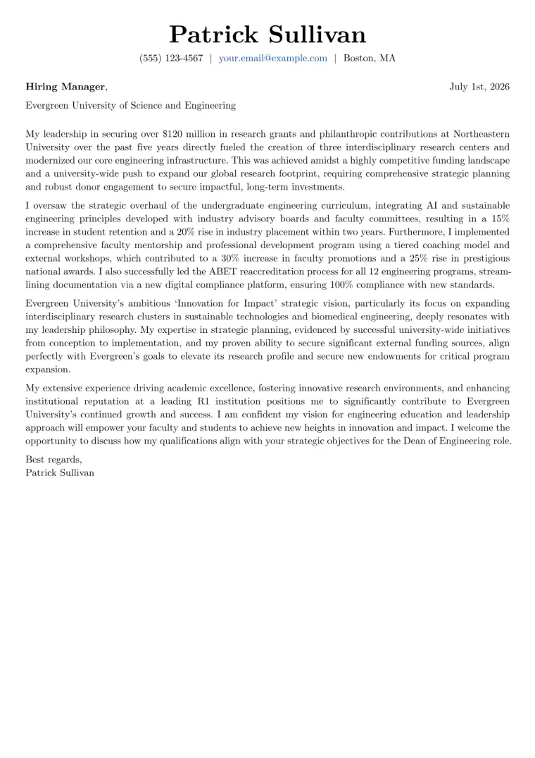 Dean of Engineering cover letter example preview
