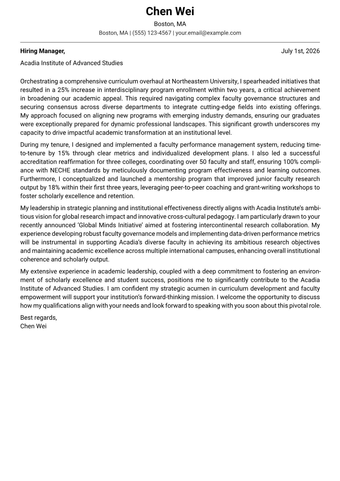 Dean of Faculty cover letter formatted with a JobSprout template