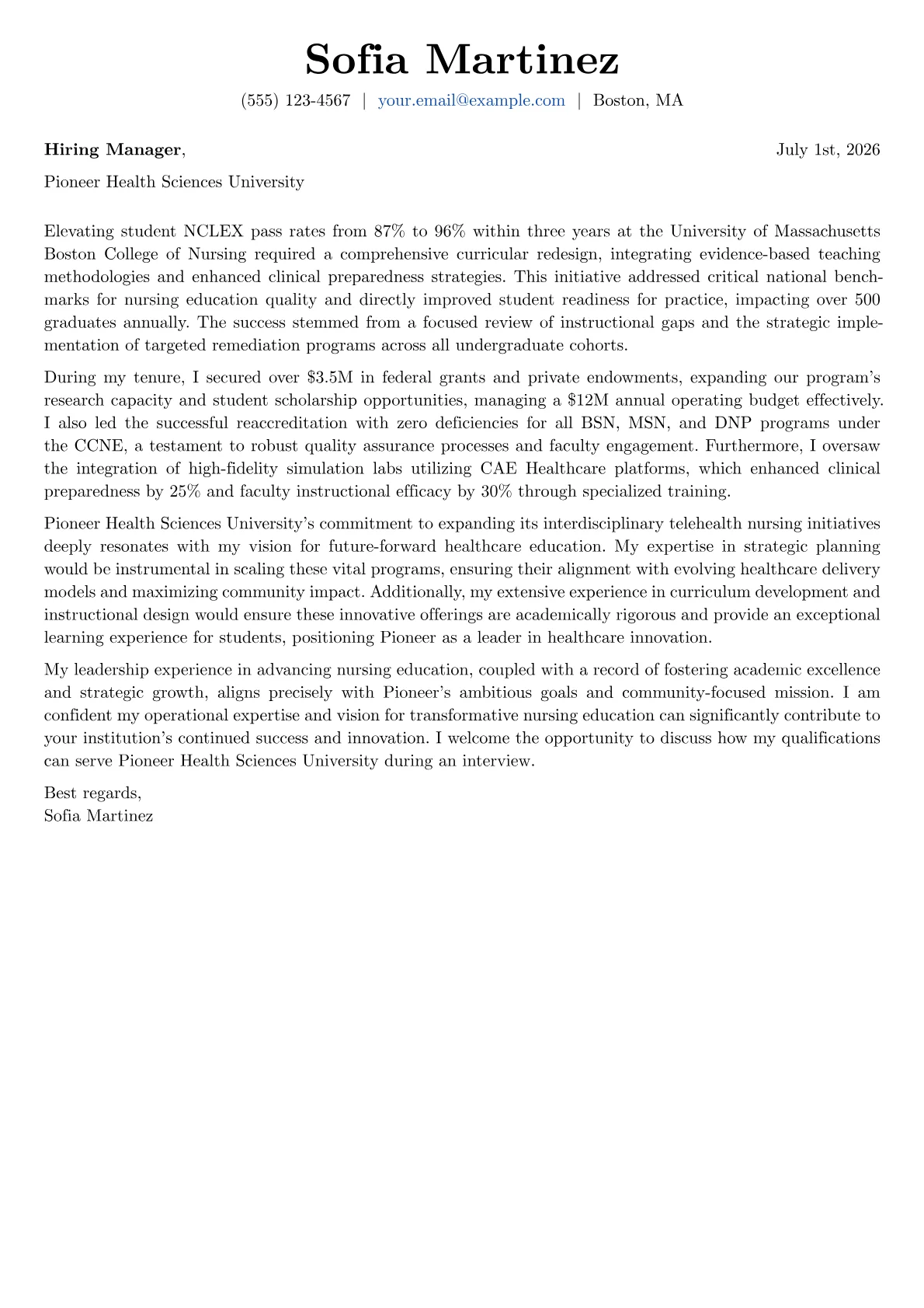 Dean of Nursing cover letter formatted with a JobSprout template