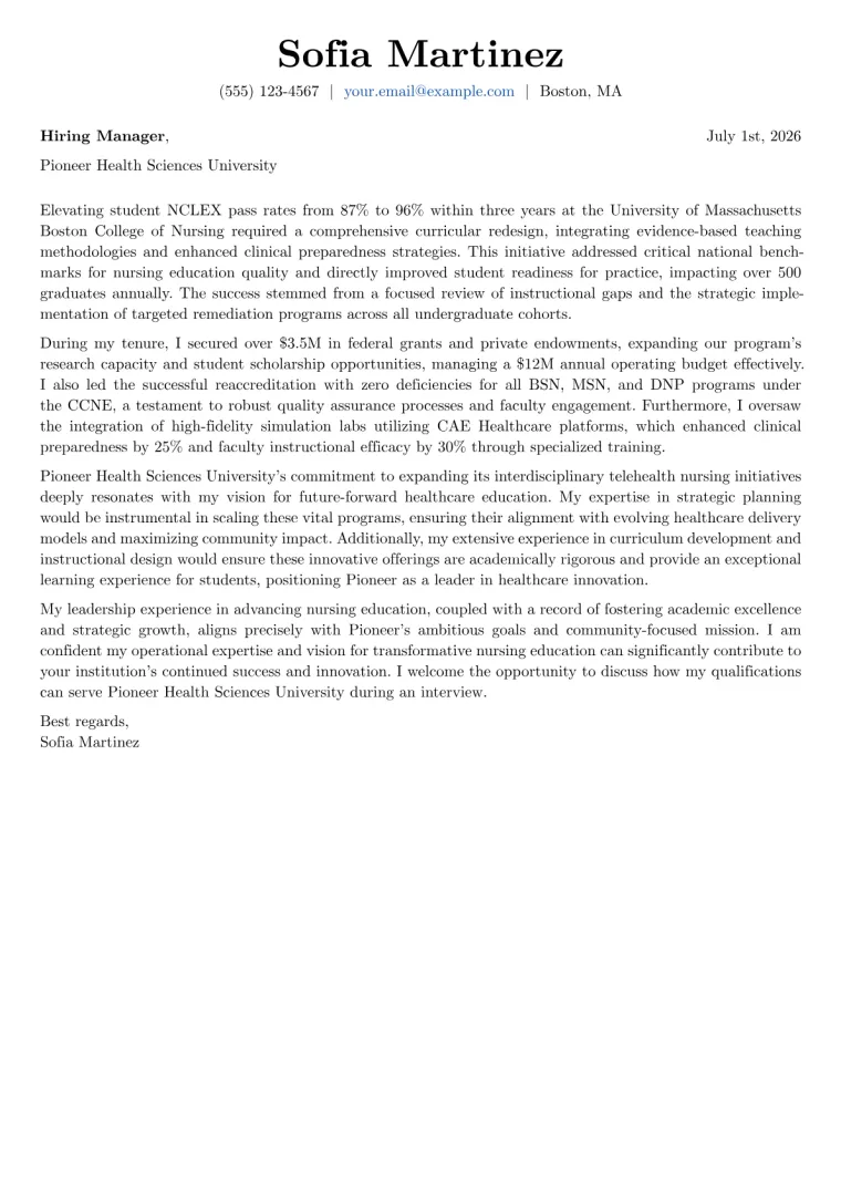 Dean of Nursing cover letter example preview
