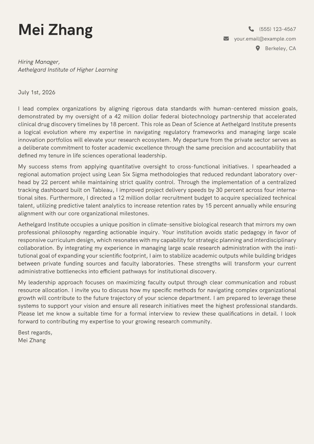 Dean of Science cover letter in the Creative design