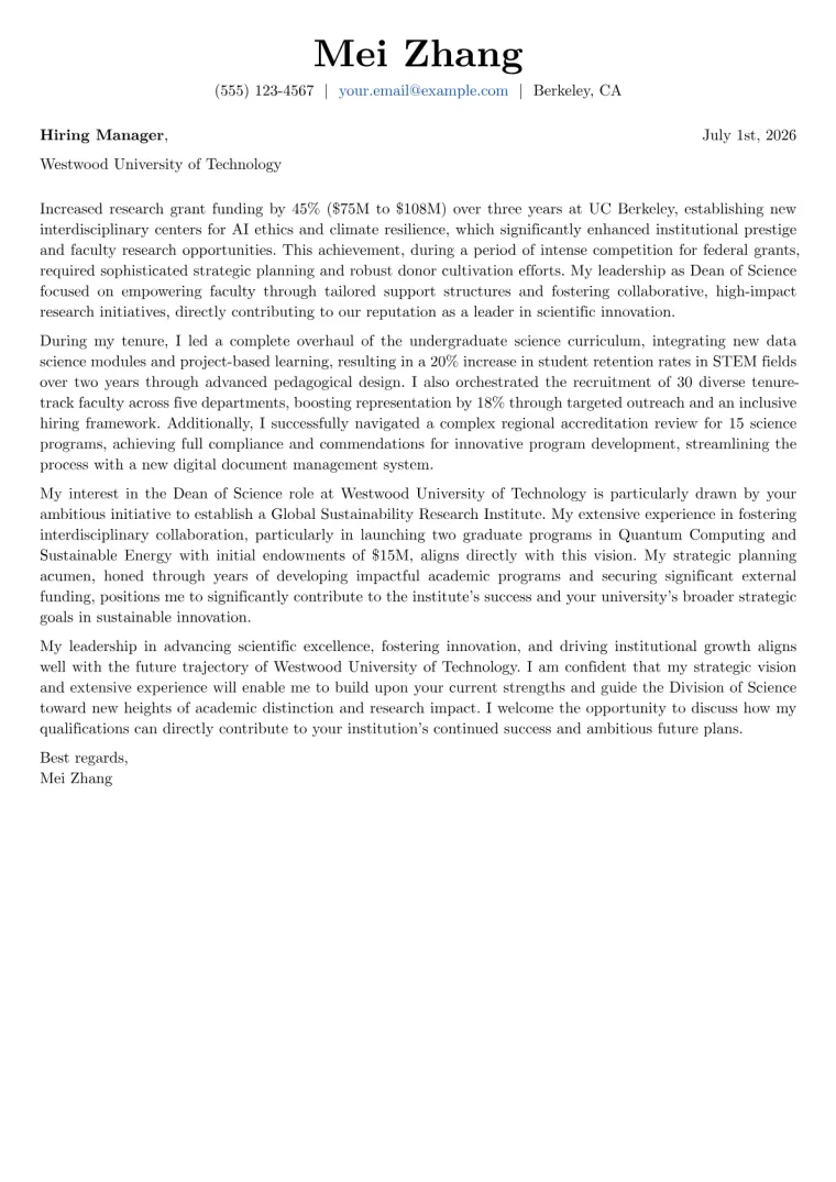 Dean of Science cover letter example