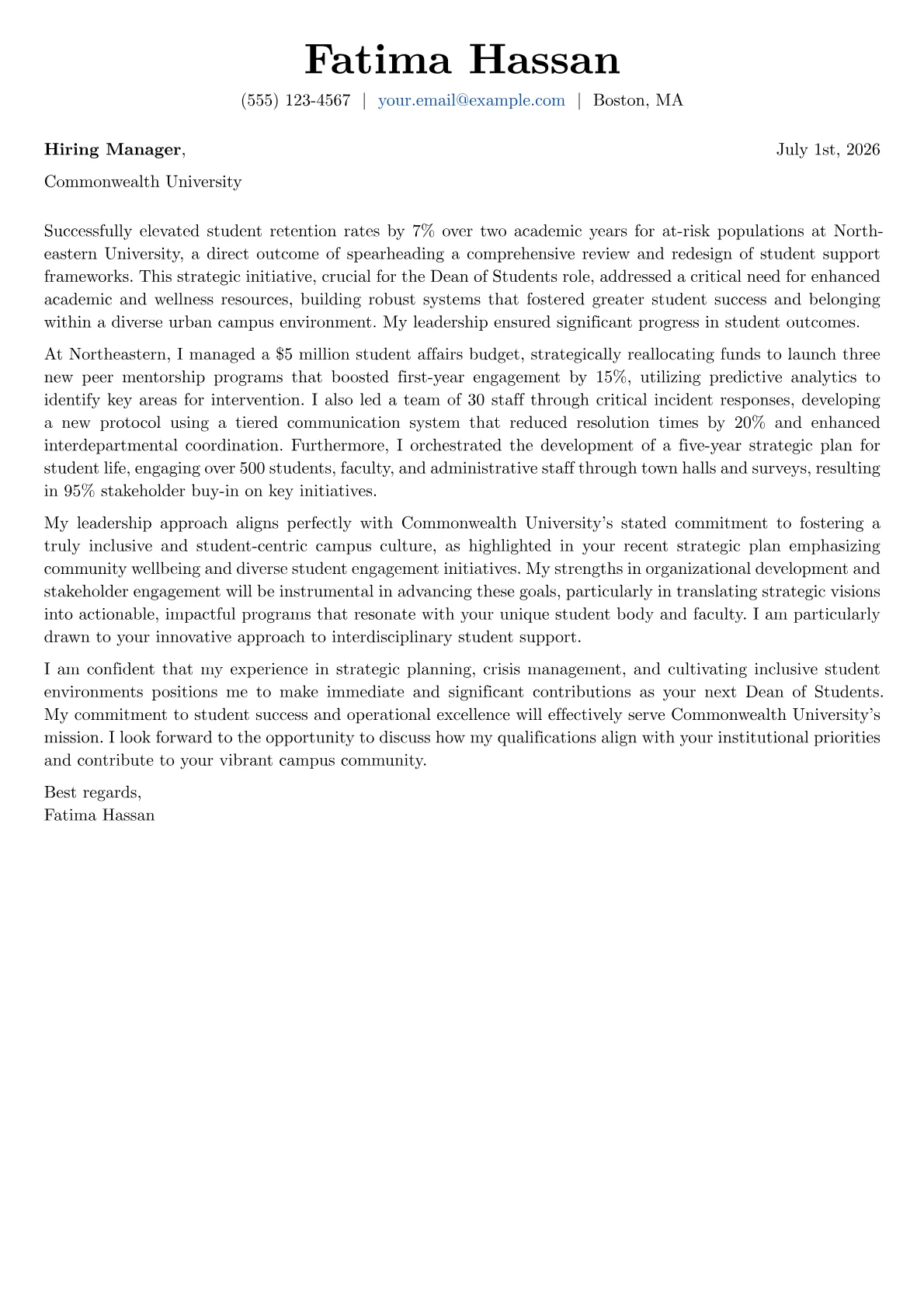 Dean of Students cover letter formatted with a JobSprout template