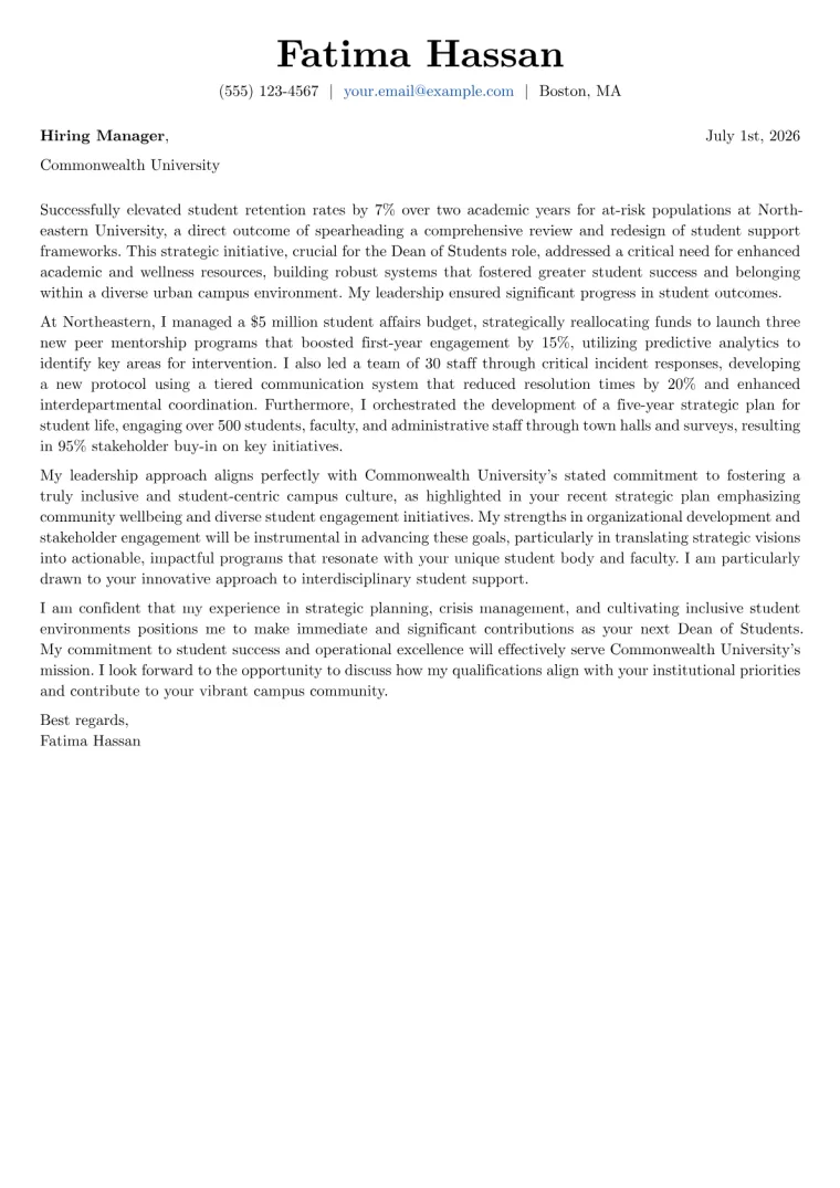 Dean of Students Cover Letter Example