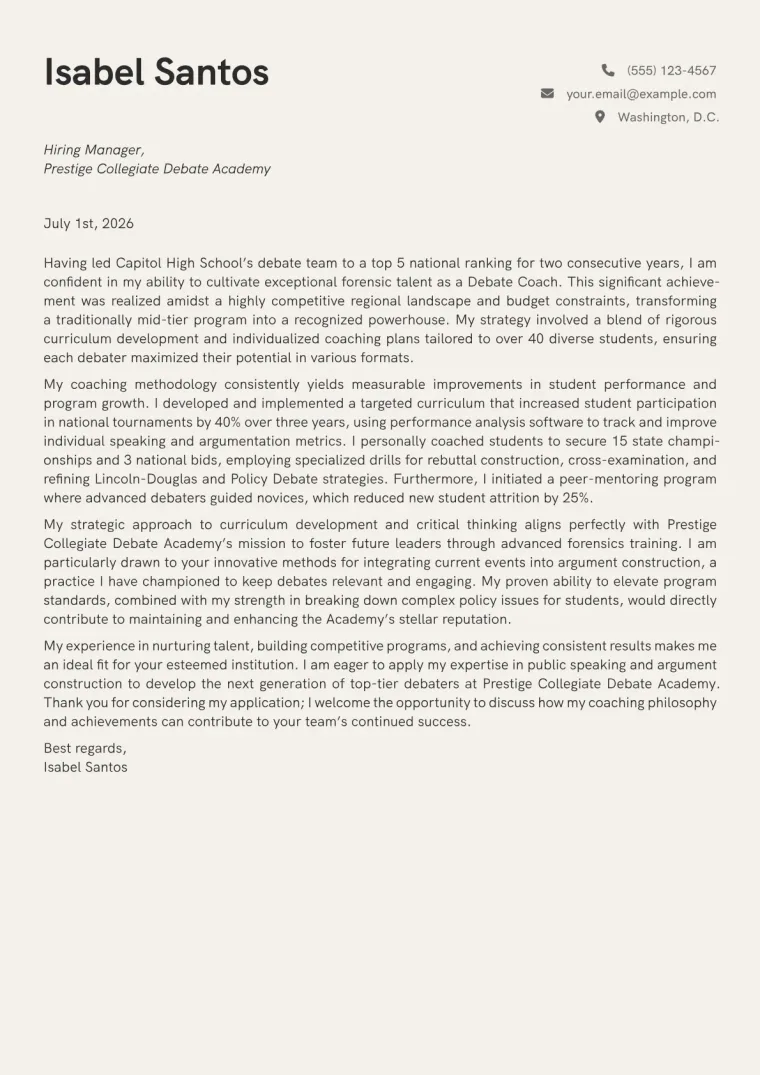 Debate Coach cover letter example