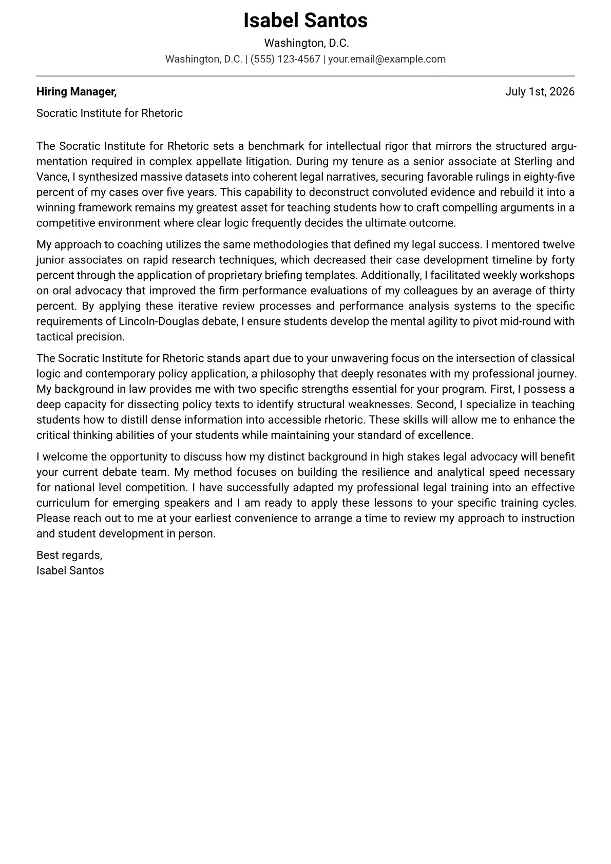 Debate Coach cover letter in the Modern design