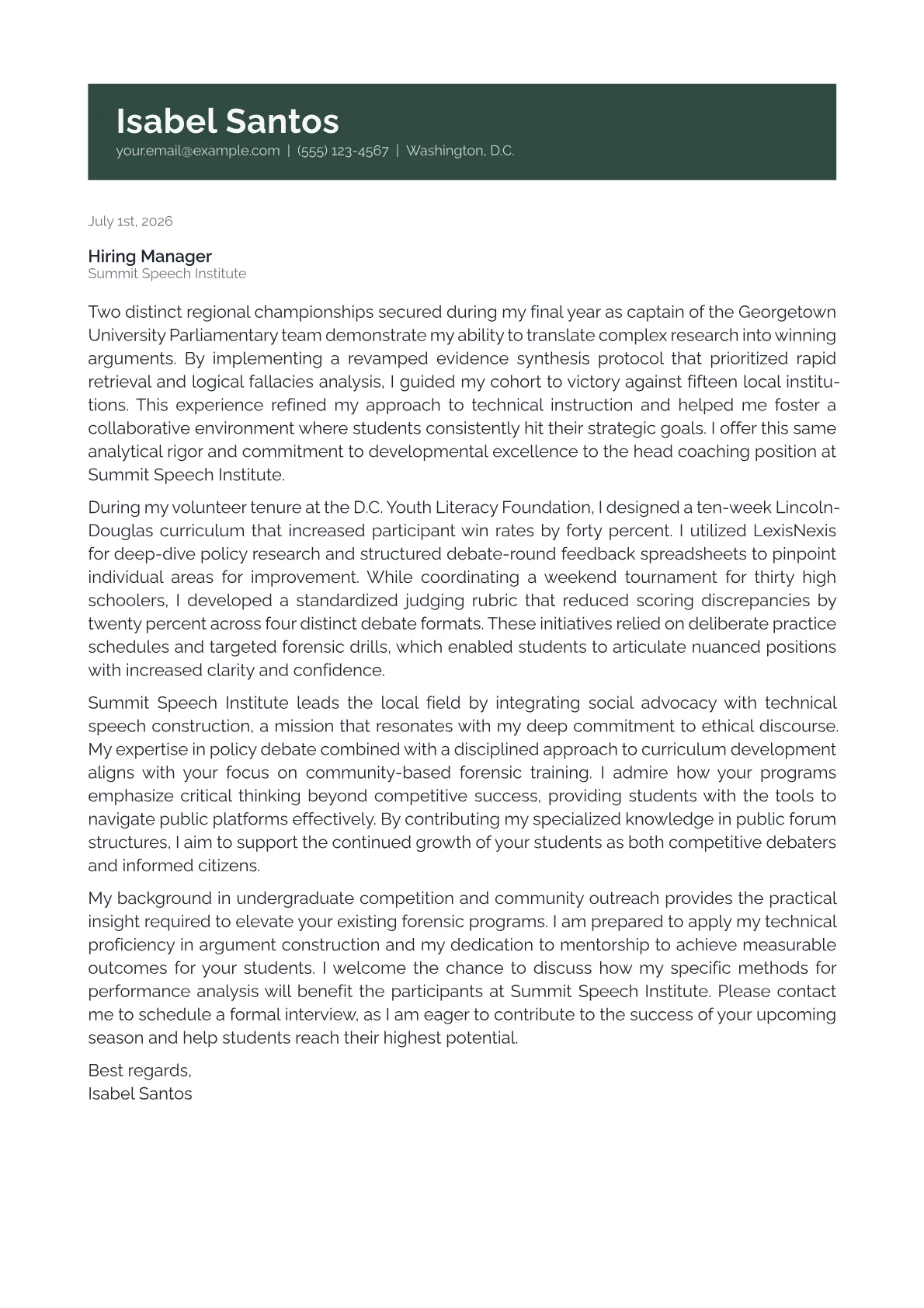 Debate Coach cover letter in the Banner design