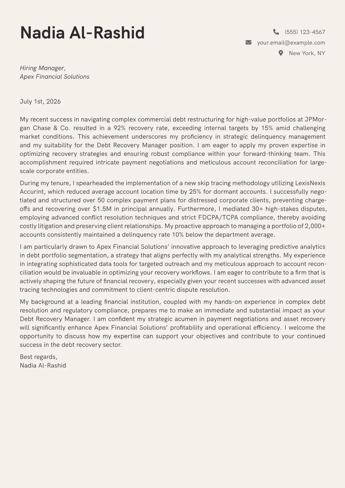Debt Recovery Manager cover letter formatted with a JobSprout template