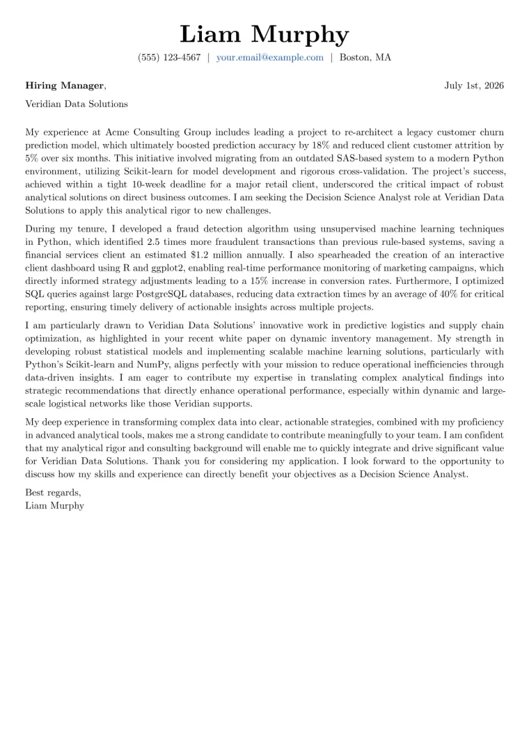 Decision Science Analyst cover letter example preview