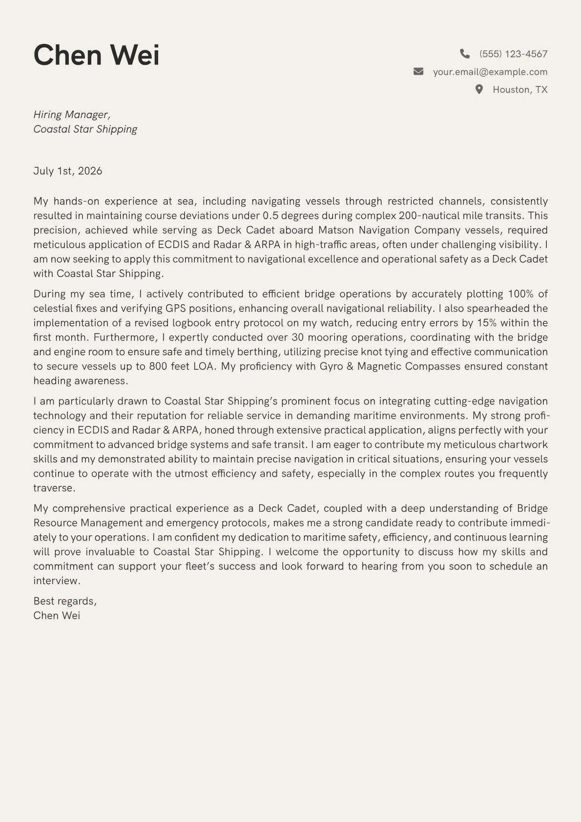 Deck Cadet cover letter formatted with a JobSprout template