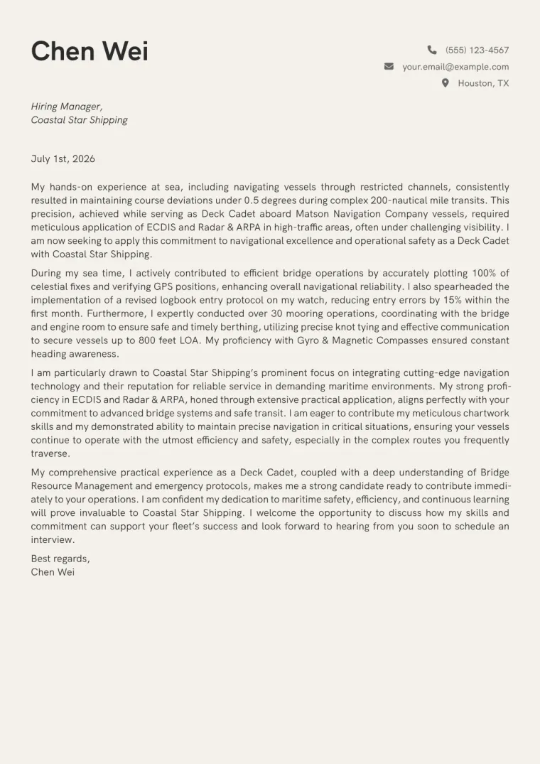 Deck Cadet cover letter example preview