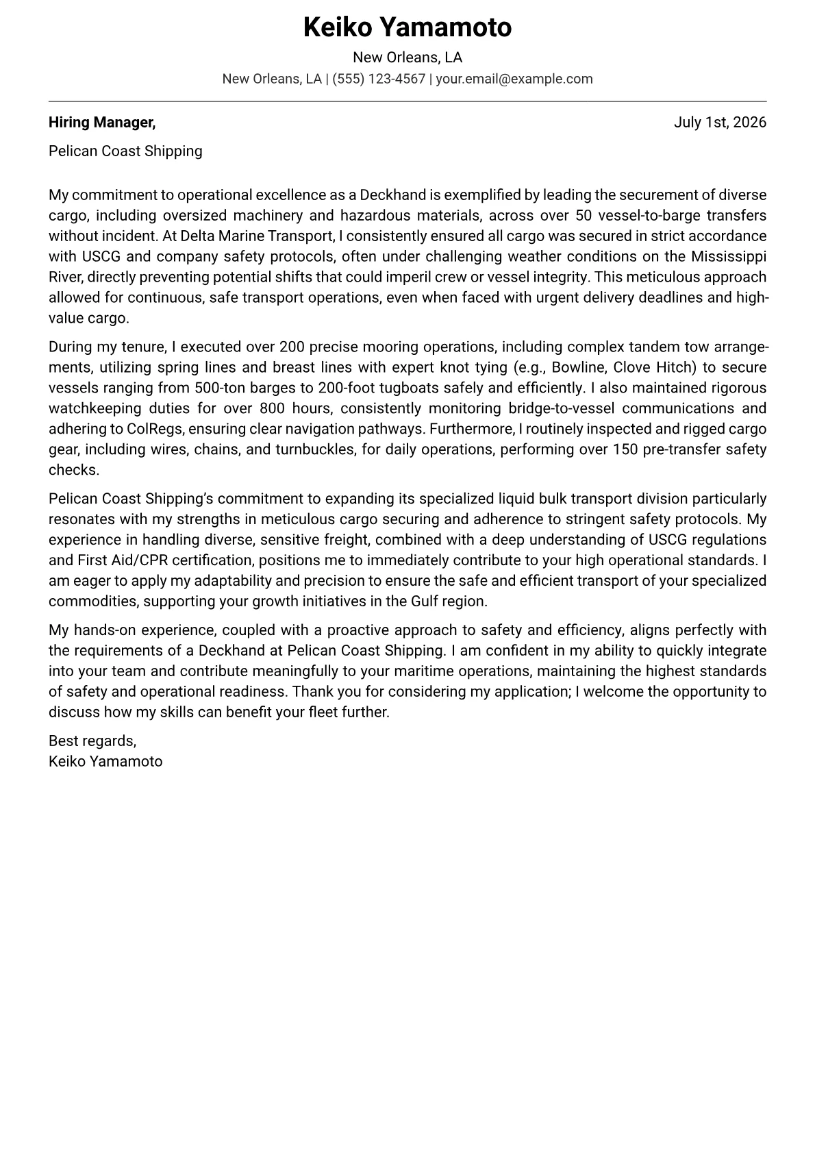 Deckhand cover letter formatted with a JobSprout template