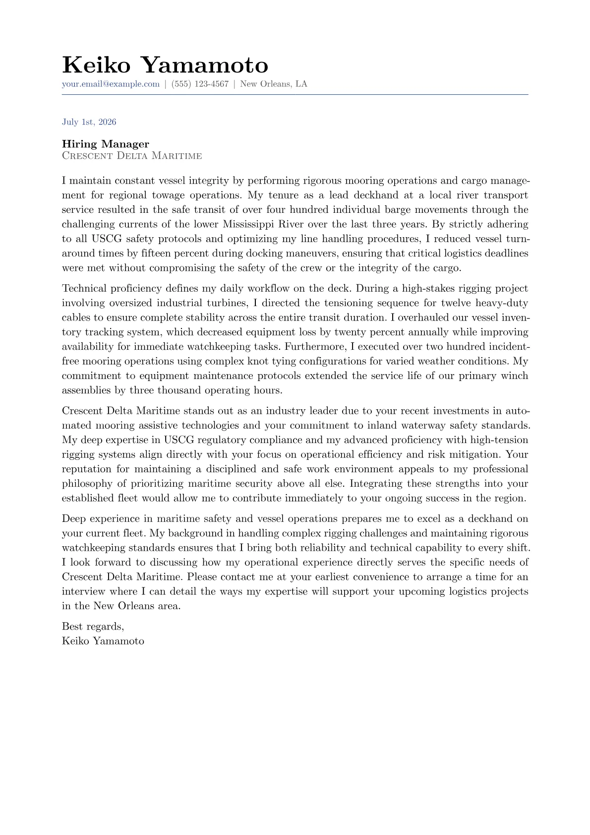 Deckhand cover letter in the Classic design