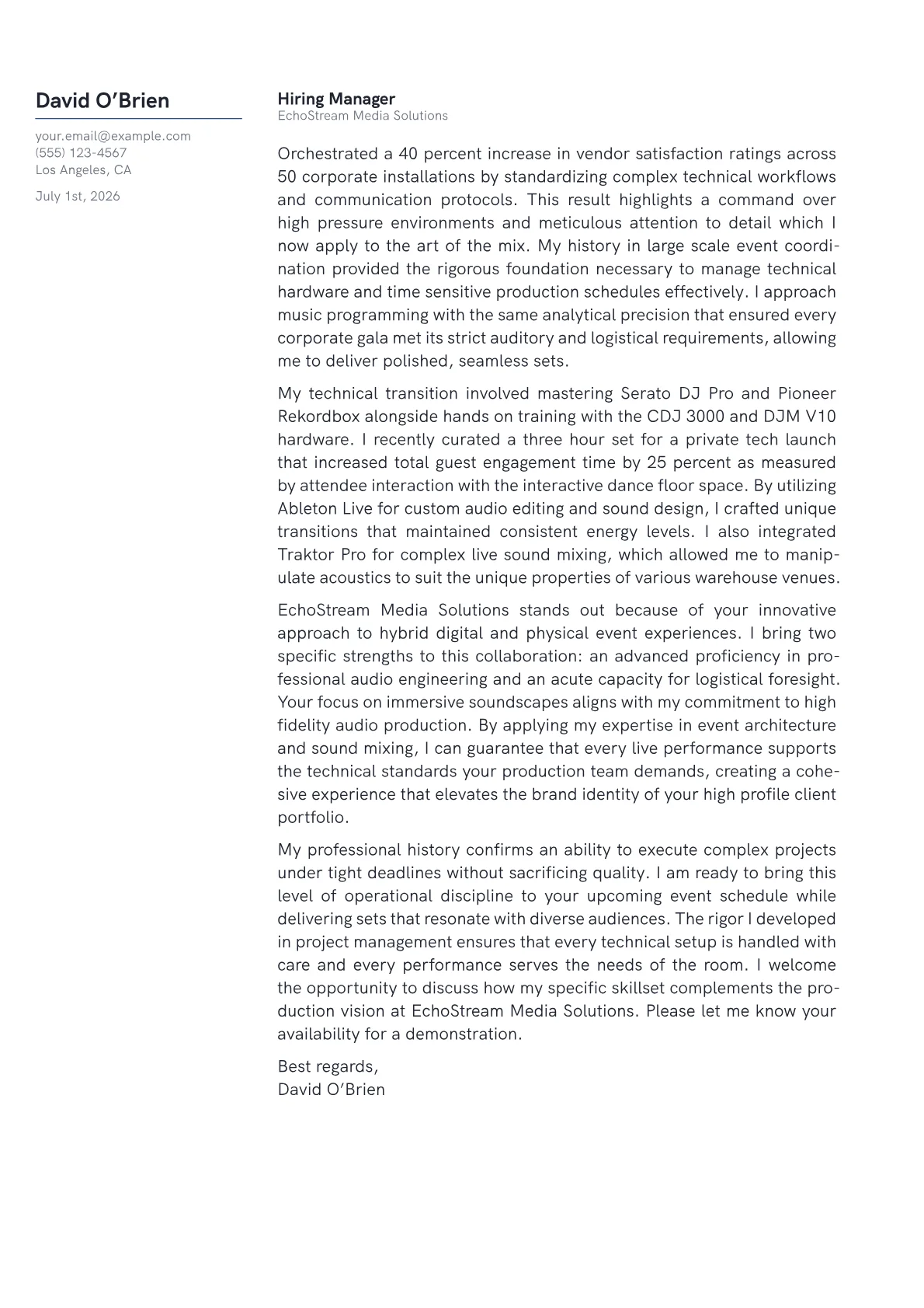 Deejay cover letter in the Margin design