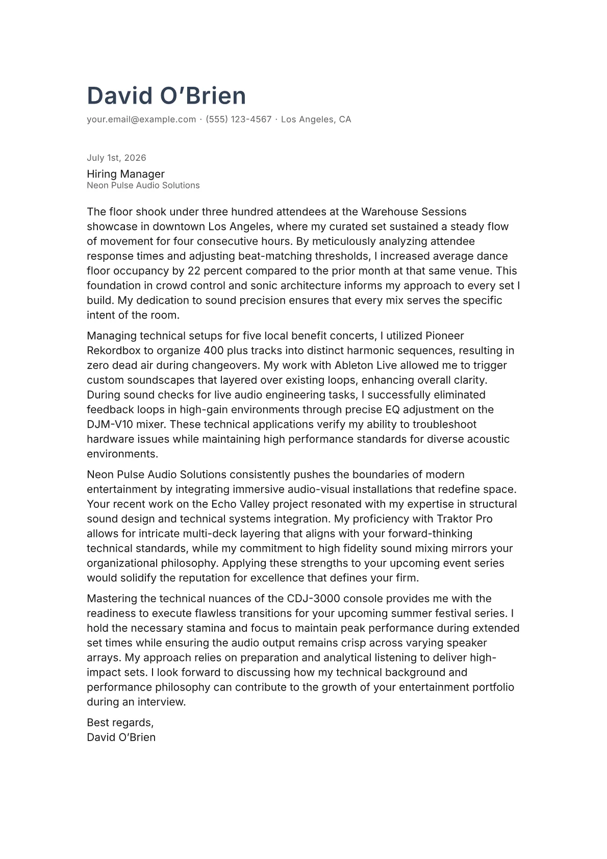 Deejay cover letter in the Minimal design