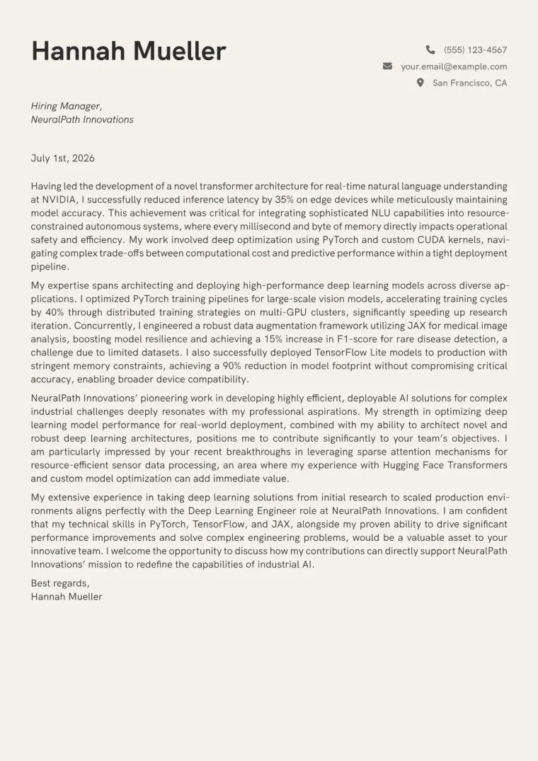 Deep Learning Engineer cover letter example preview