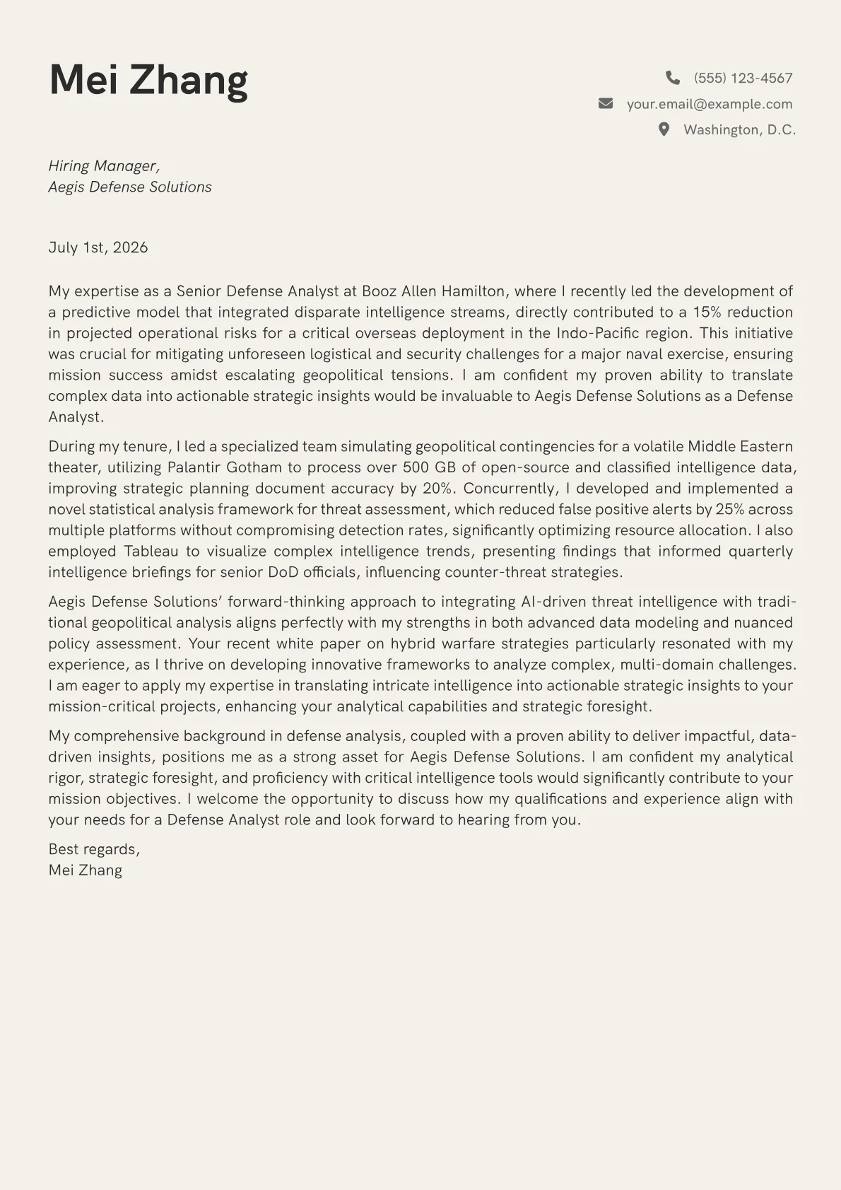Defense Analyst cover letter formatted with a JobSprout template