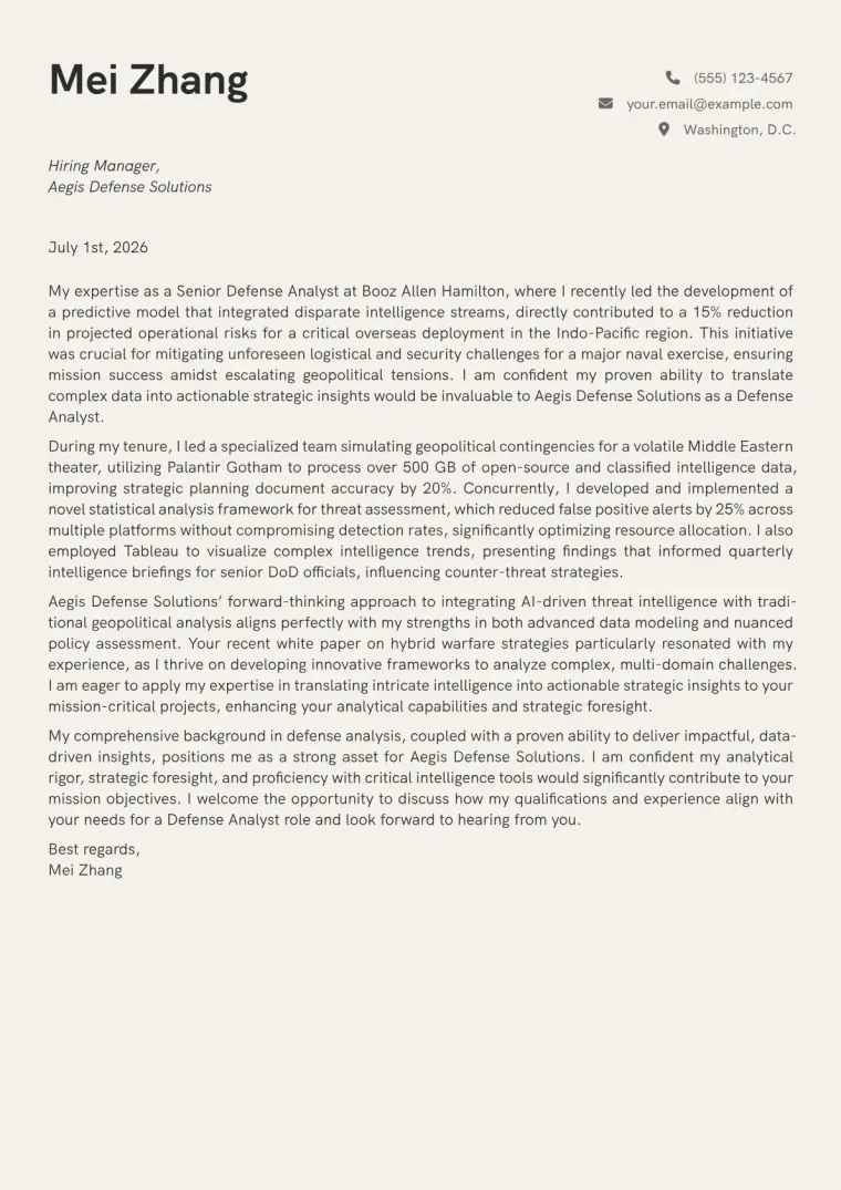 Defense Analyst cover letter example preview