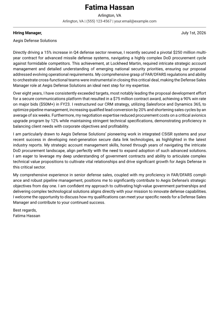 Defense Sales Manager Cover Letter Example