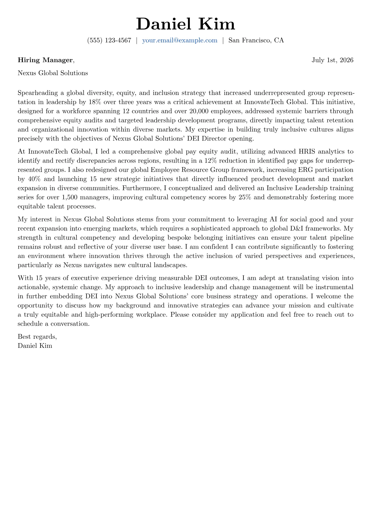 DEI Director cover letter formatted with a JobSprout template