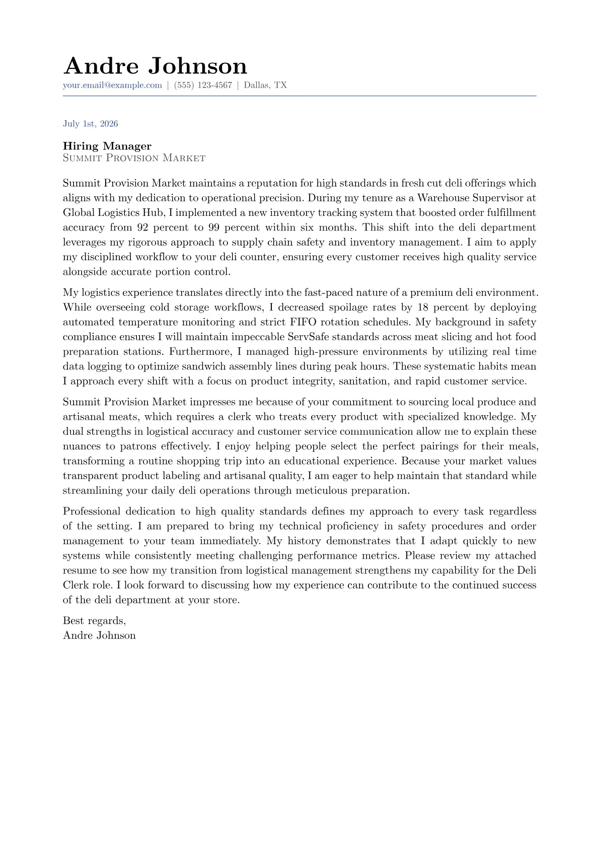 Deli Clerk cover letter in the Classic design