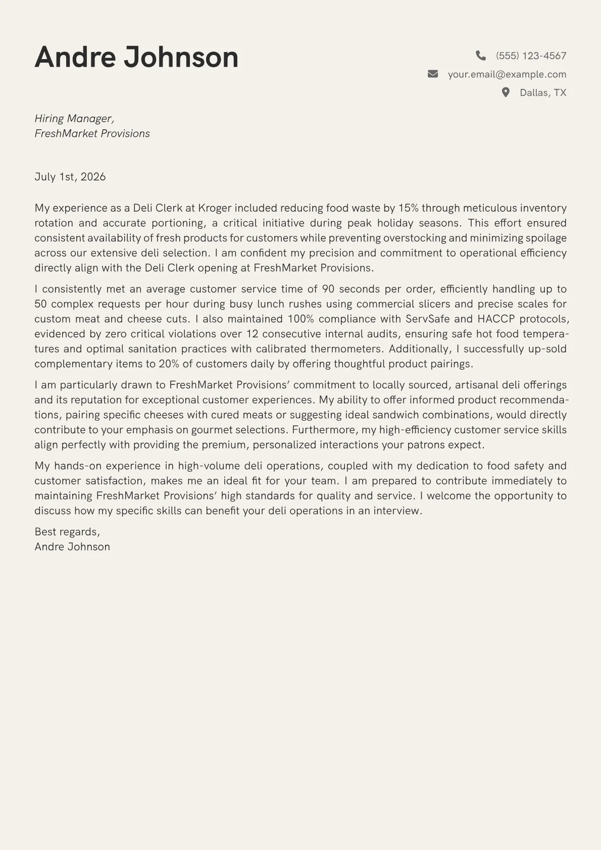 Deli Clerk cover letter formatted with a JobSprout template
