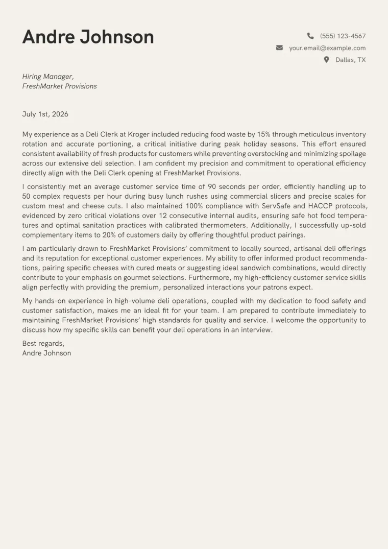 Deli Clerk cover letter example preview