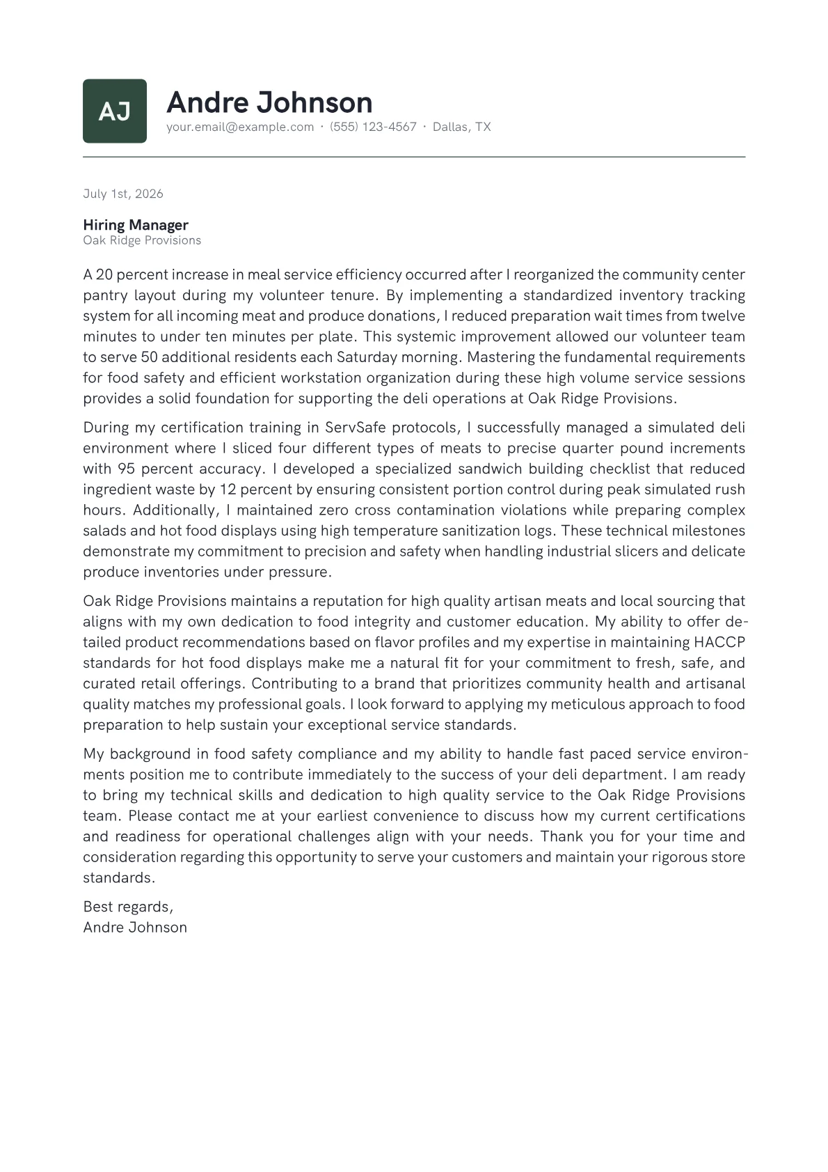 Deli Clerk cover letter in the Emblem design