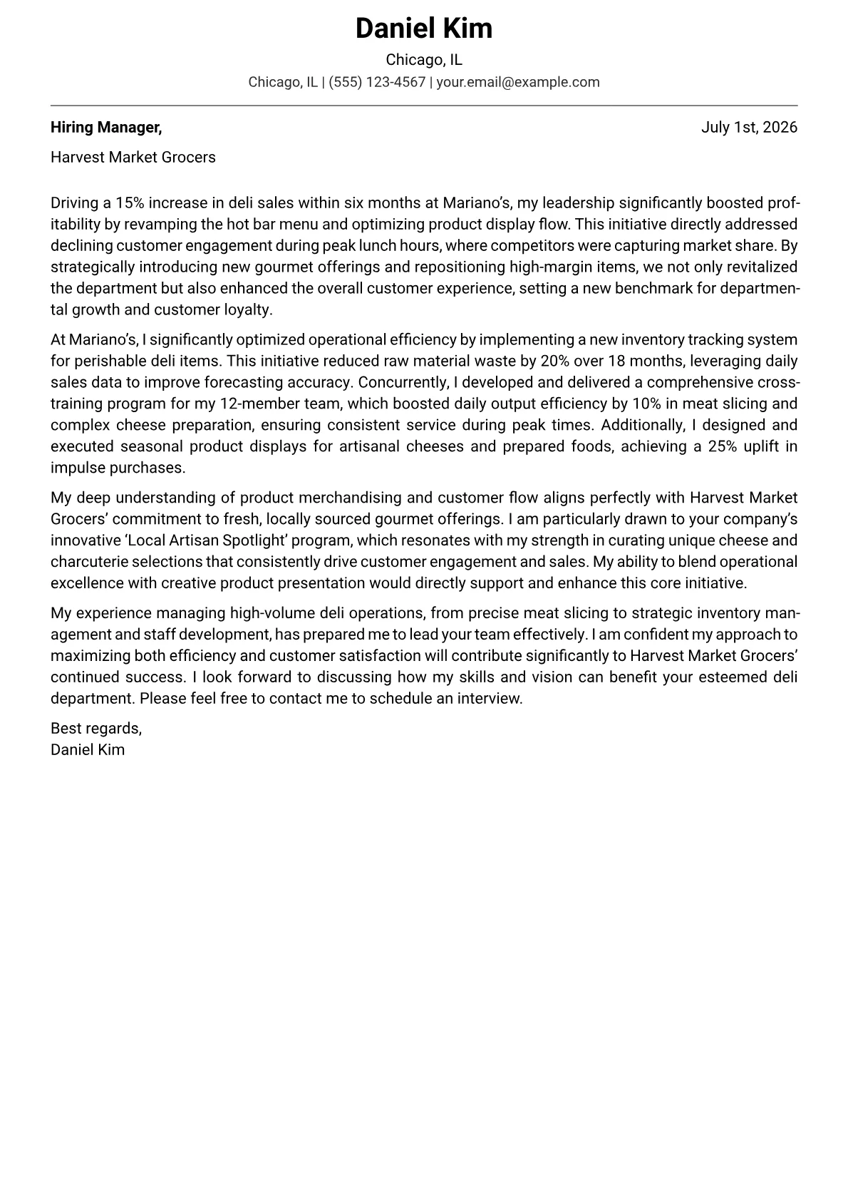 Deli Department Manager cover letter formatted with a JobSprout template
