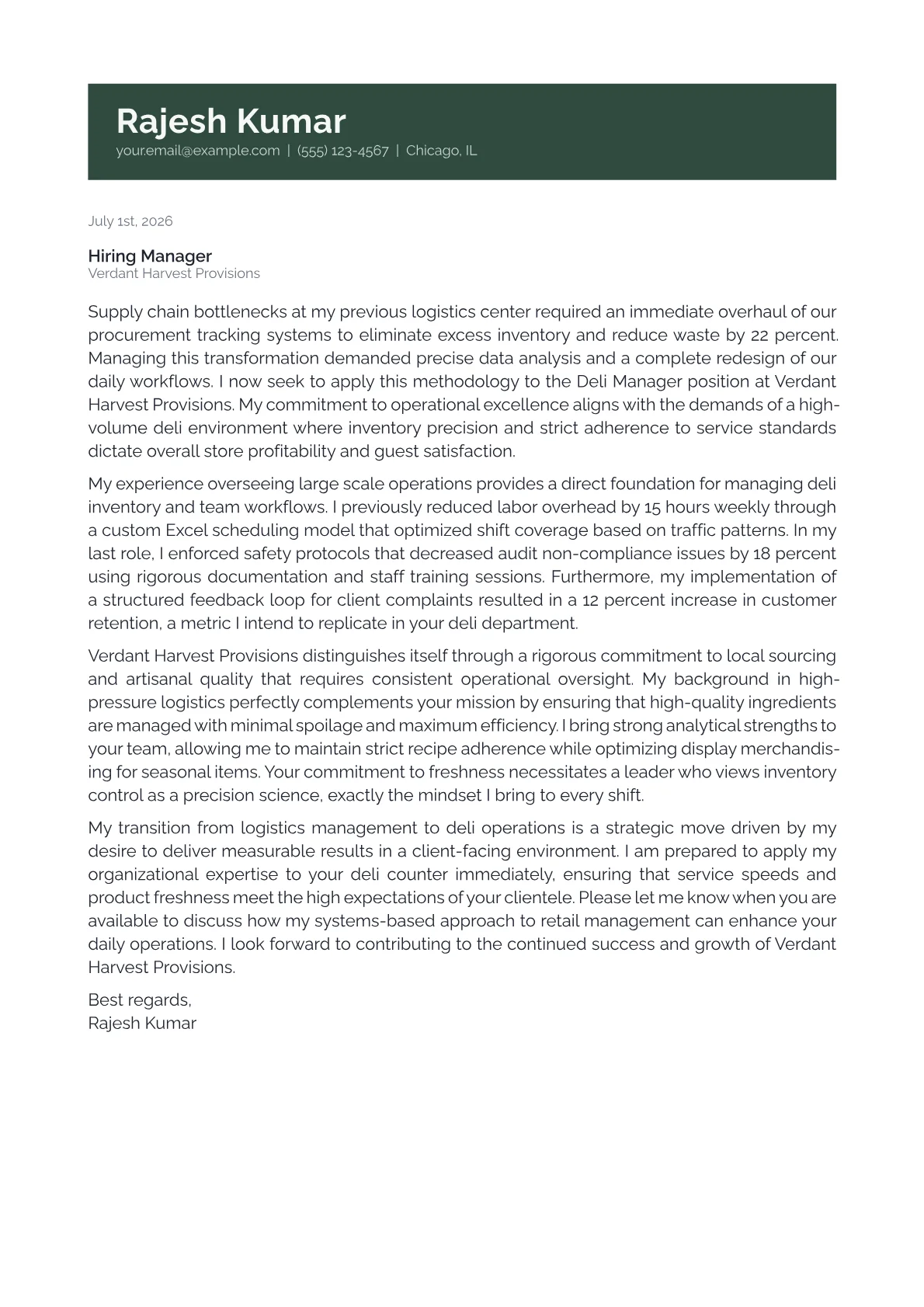 Deli Manager cover letter in the Banner design