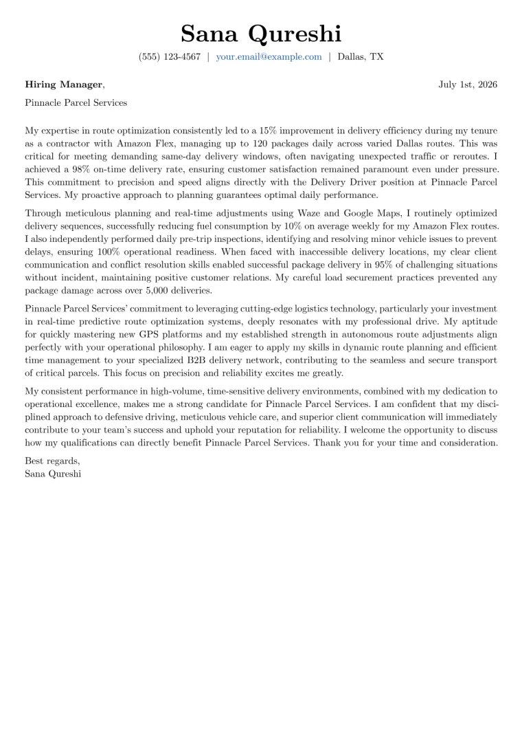 Delivery Driver cover letter example preview