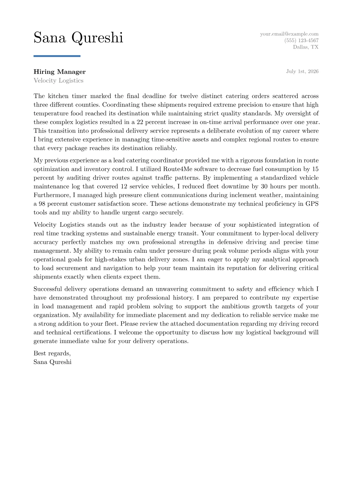 Delivery Driver cover letter in the Executive design