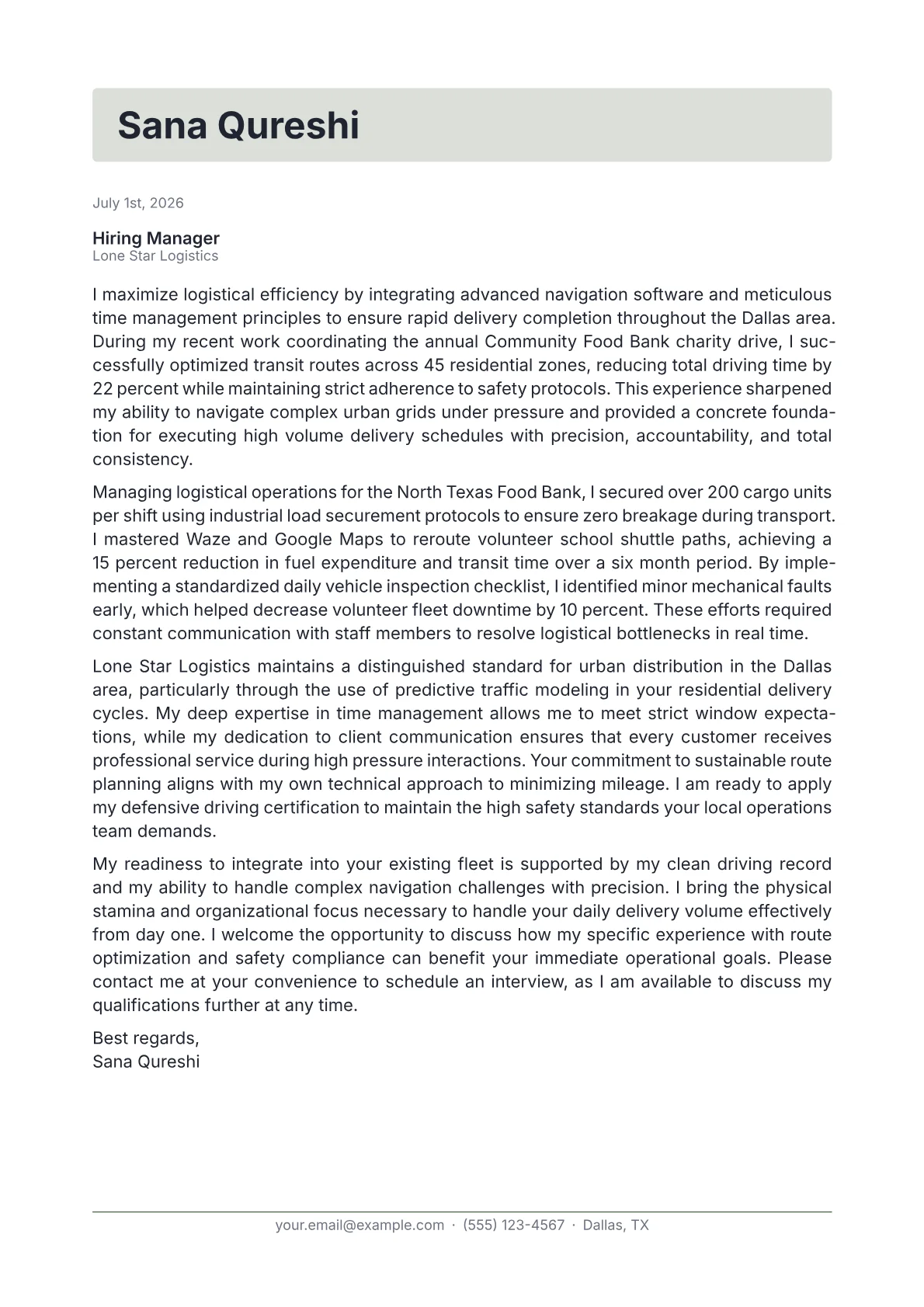 Delivery Driver cover letter in the Letterhead design
