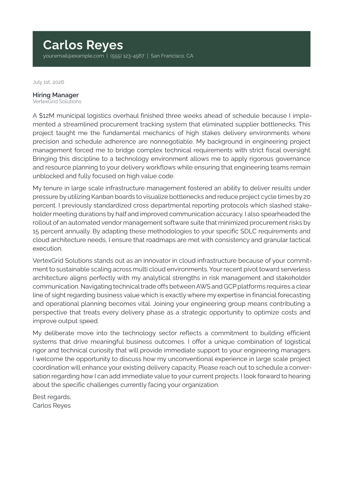 Delivery Manager cover letter in the Banner design