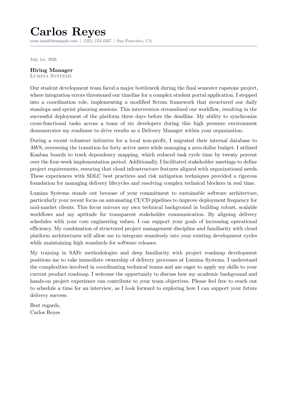 Delivery Manager cover letter in the Classic design