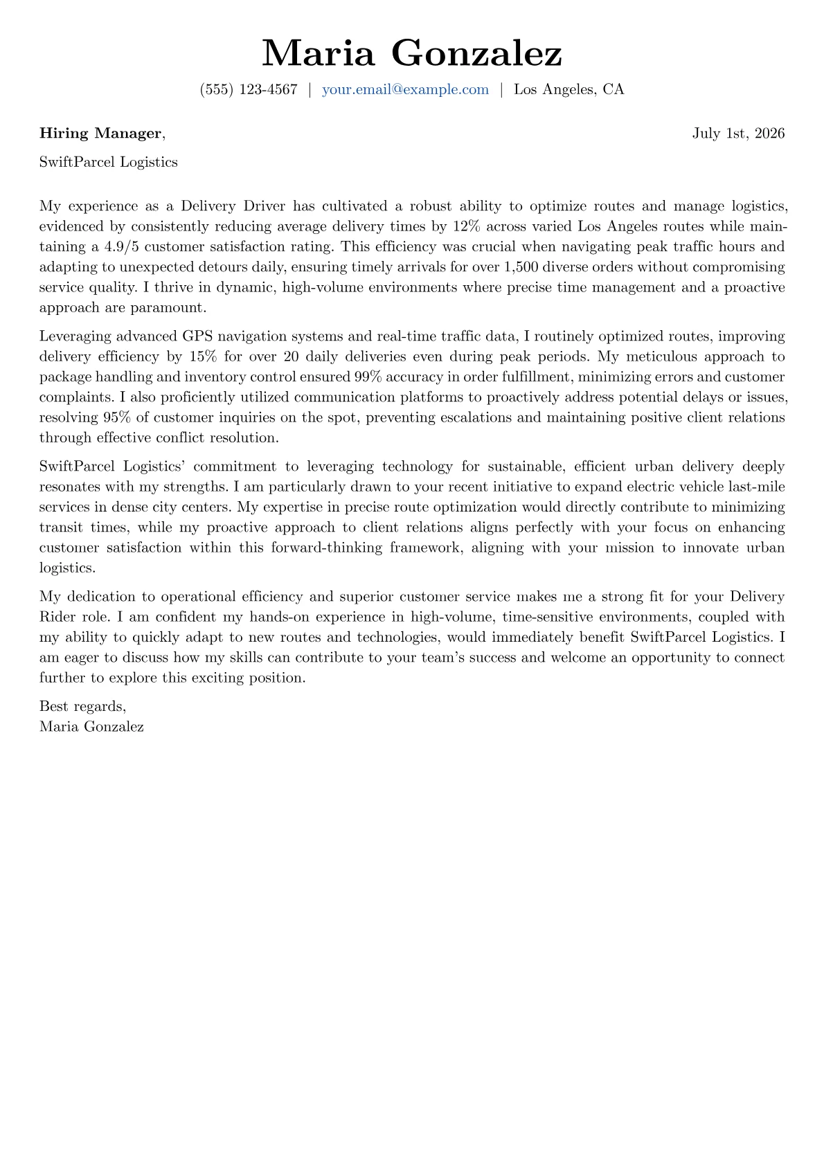 Delivery Rider cover letter formatted with a JobSprout template