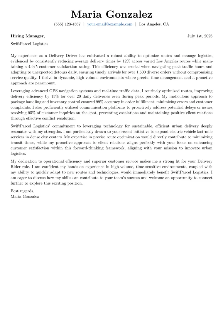 Delivery Rider cover letter example preview