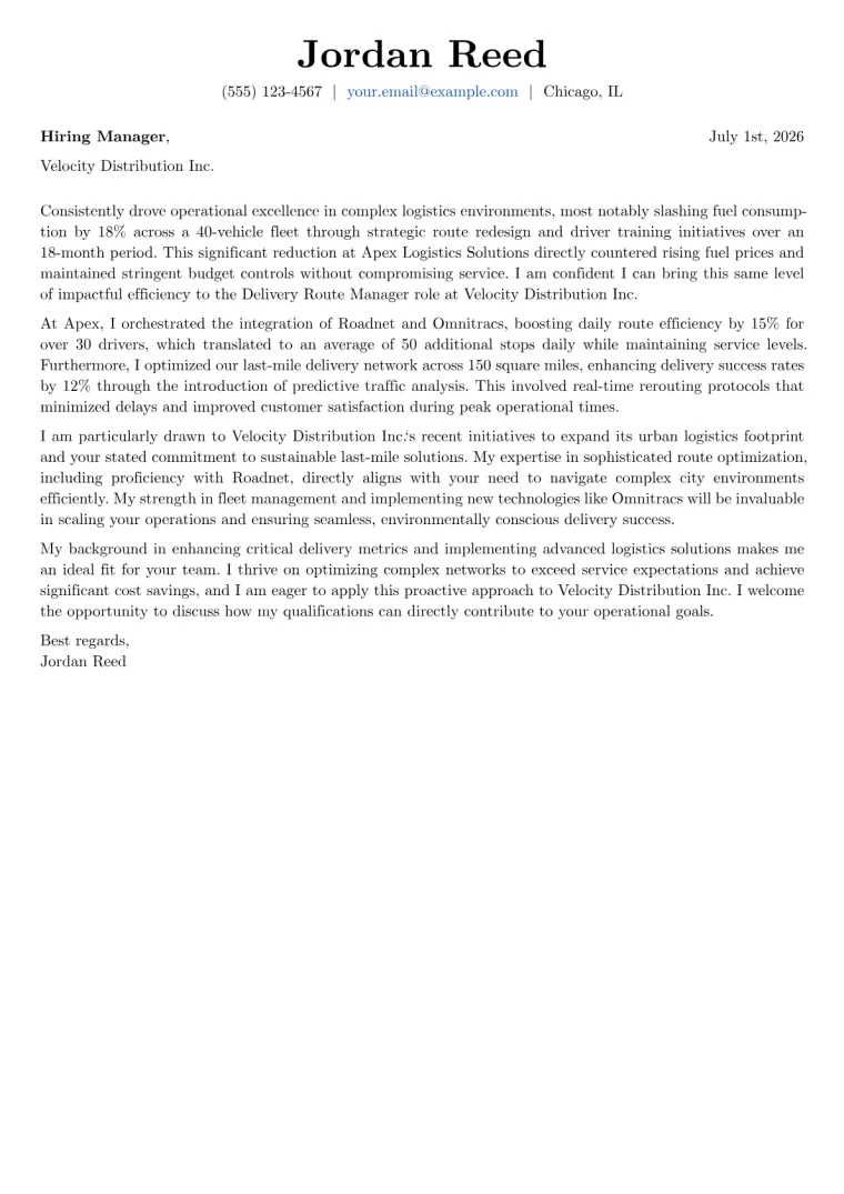 Delivery Route Manager cover letter example