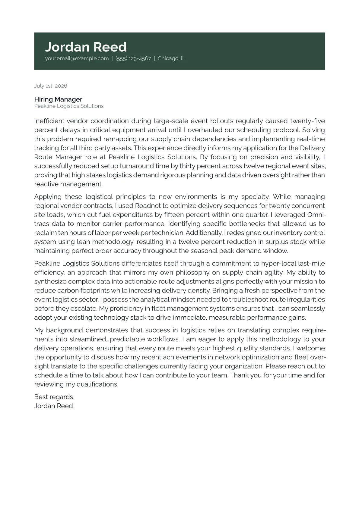 Delivery Route Manager cover letter in the Banner design