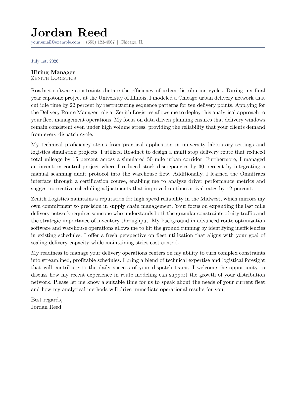 Delivery Route Manager cover letter in the Classic design