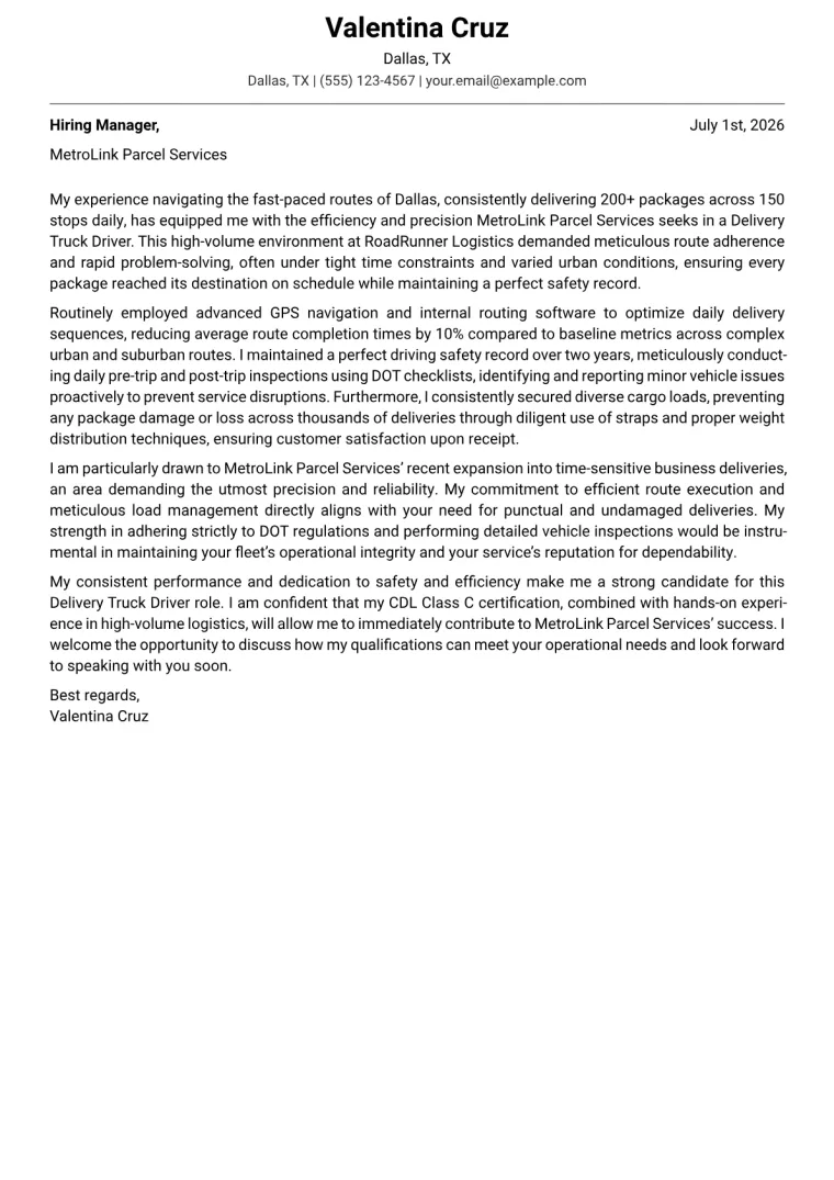 Delivery Truck Driver Cover Letter Example